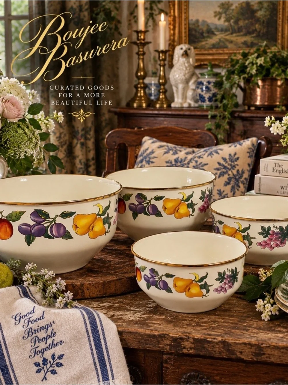 Vintage TableTops Unlimited Essence Fruit Enamelware Bowls Set of 4
